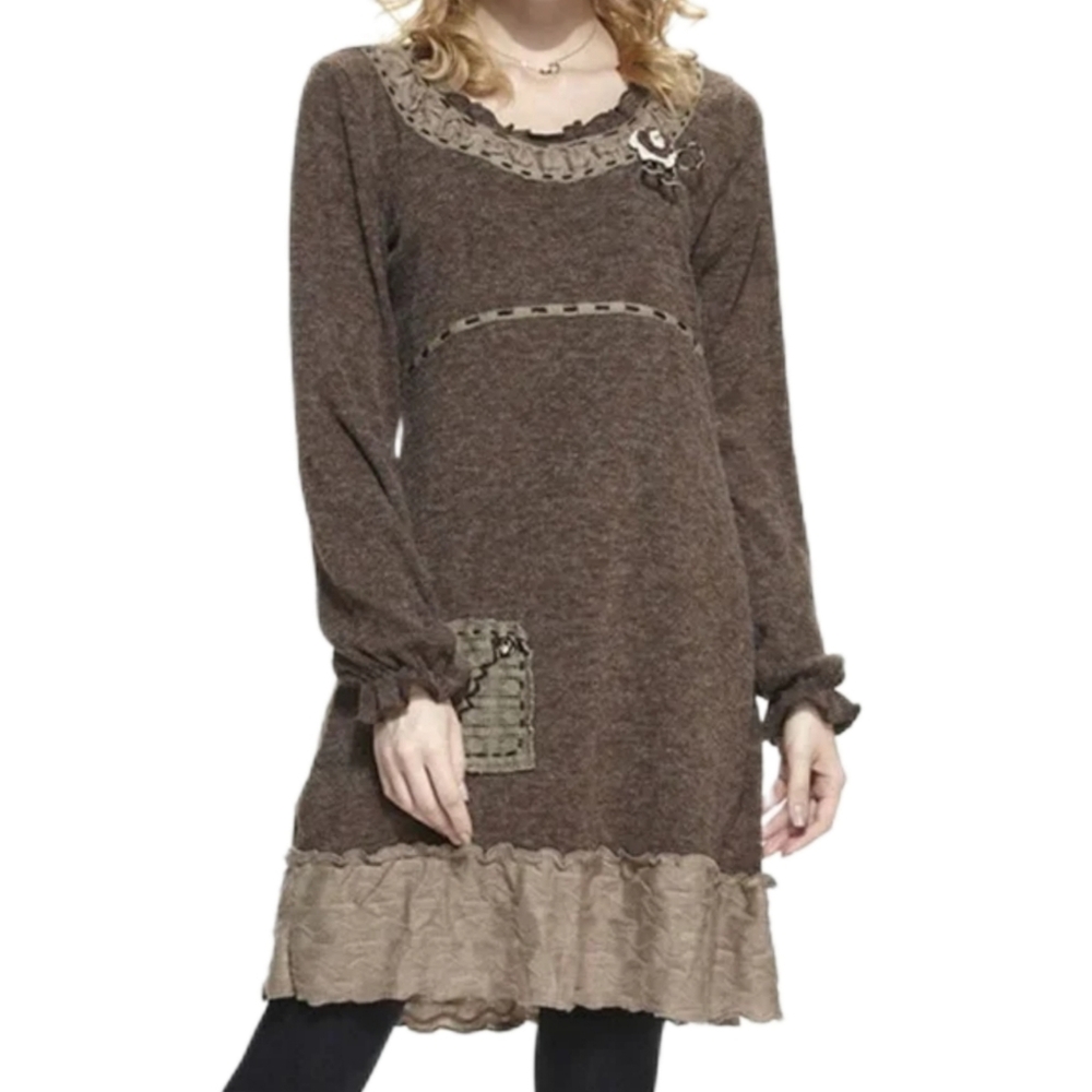 John Fashion Wool Blend Patchwork‎ Dress Women's Small Ruffles Mori Girl Forest